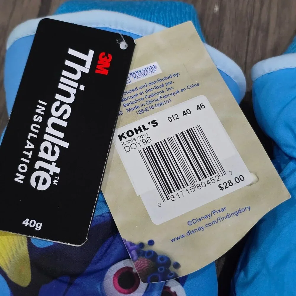 Disney ✦ Finding Dory Kids Mittens ✦ Blue 3M Thinsulate Nemo Velcro Strap Winter